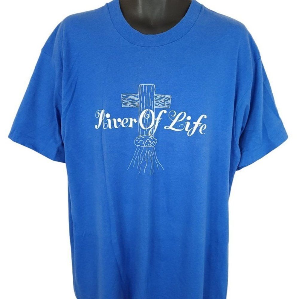 Christian T Shirt Vintage 80s 90s River Of Life Cross Jesus Made In USA Mens XL